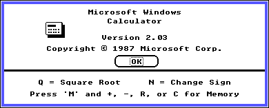 Windows 2.0's bundled Calculator About dialog