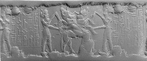 Akkadian cylinder seal with contest scene, c. 2350-2150 BCE