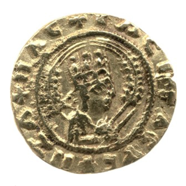 Gold coin of King Ezana of Aksum (c. 340–400 CE), British Museum, showing a crowned bust holding a sceptre with cross symbols and a Greek legend — among the first coins anywhere to bear a Christian cross