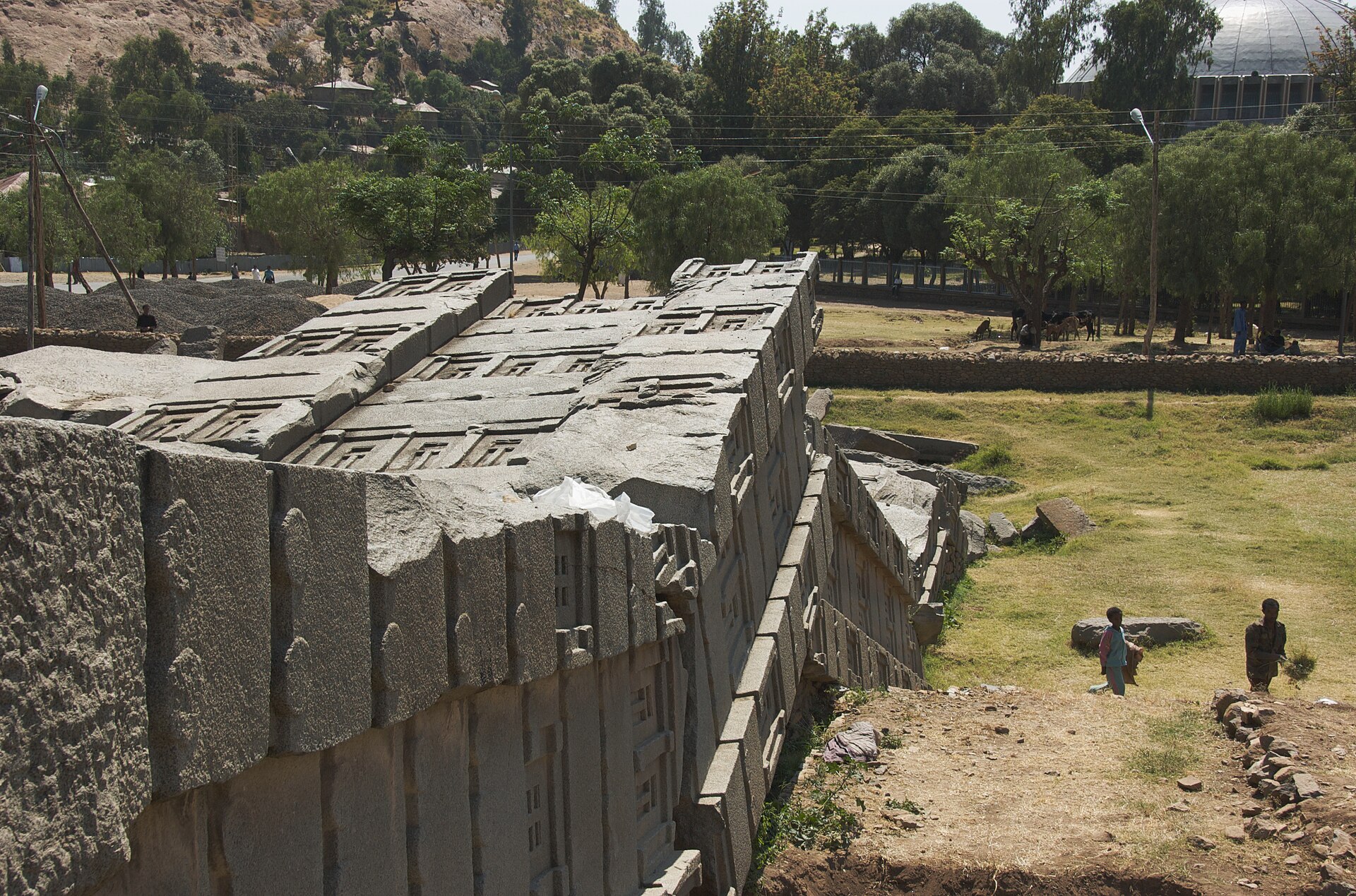 The collapsed Great Stela at Aksum, the ~33 m, 520-tonne monolith that broke in antiquity while being raised, carved with false windows and a multi-storey tower facade