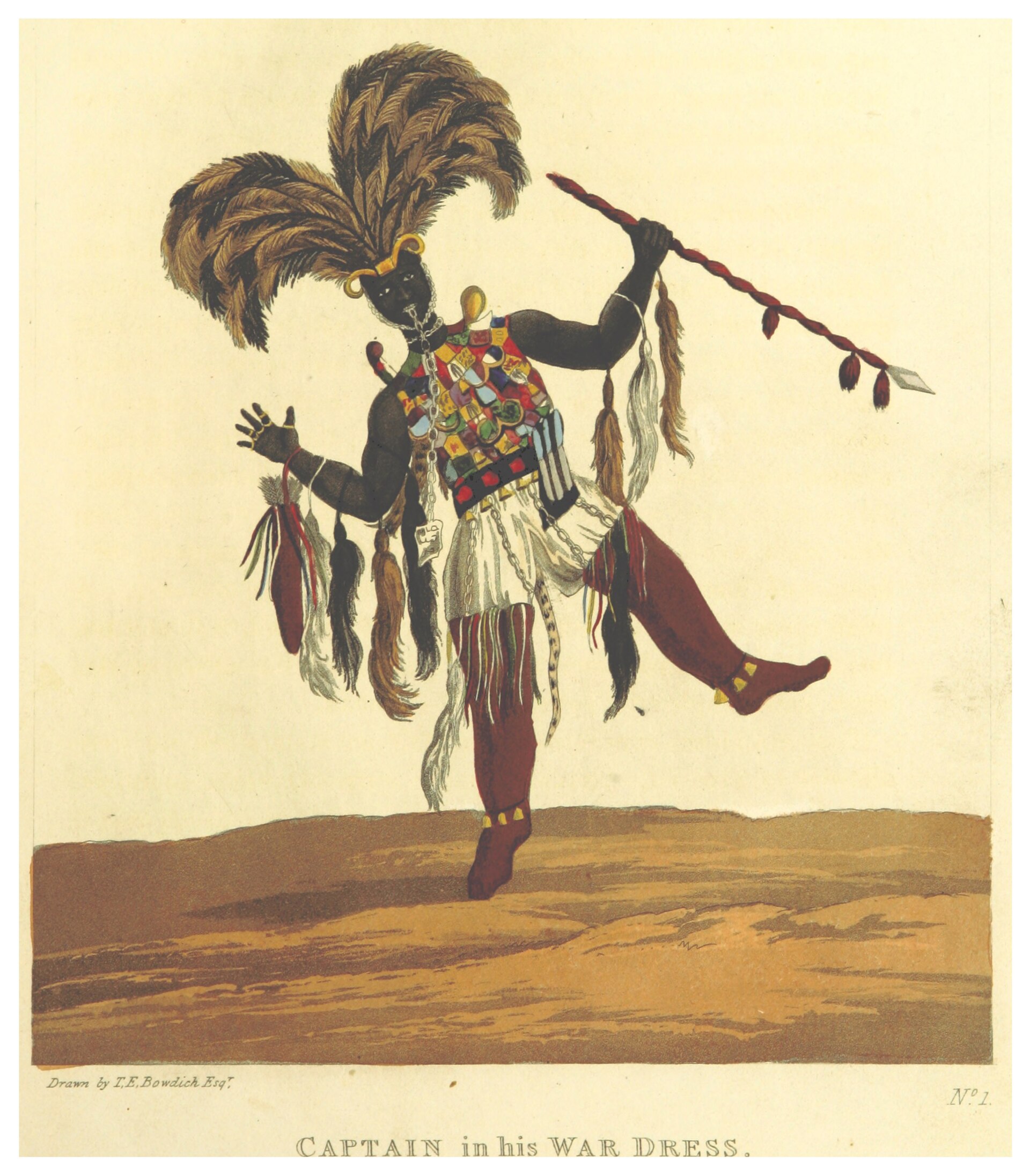 An Asante captain in war dress, engraving from Bowdich's 1819 account of his mission to Kumasi