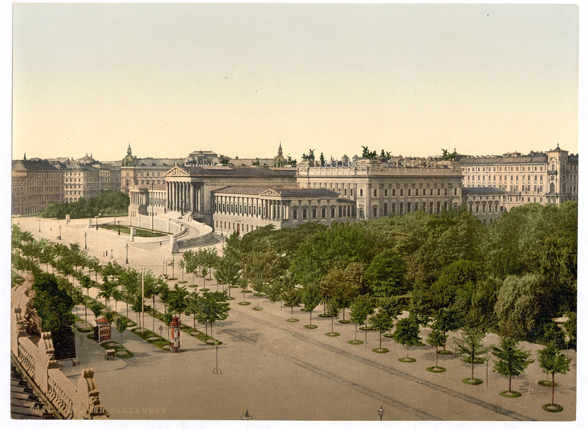 Photochrom view of the Parliament building in Vienna during the Austro-Hungarian era