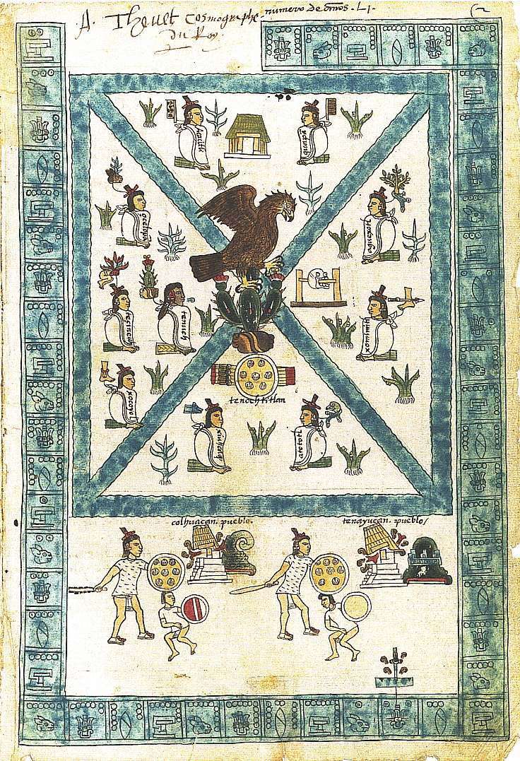 Codex Mendoza folio 2r: the founding of Tenochtitlan, an eagle perched on a cactus amid the city's founders