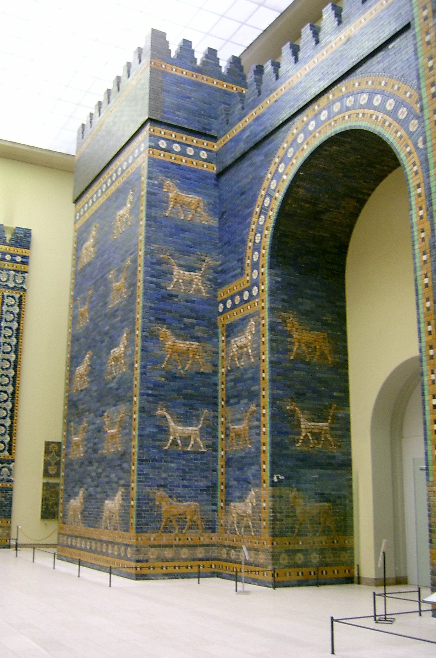 The reconstructed Ishtar Gate of Babylon, in blue-glazed brick, at the Pergamon Museum, Berlin
