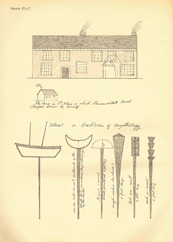A drawing by Shanawdithit, the last known Beothuk, depicting Beothuk mythological emblems, made in 1829.