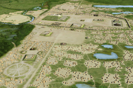 Artist's aerial reconstruction of Cahokia at its peak: Monks Mound at centre, the Grand Plaza, a surrounding wooden palisade, and the Woodhenge post circle