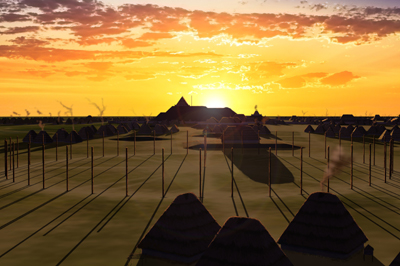 Reconstructed rendering of Cahokia's Woodhenge timber circle with the sun rising over Monks Mound beyond the upright cedar posts