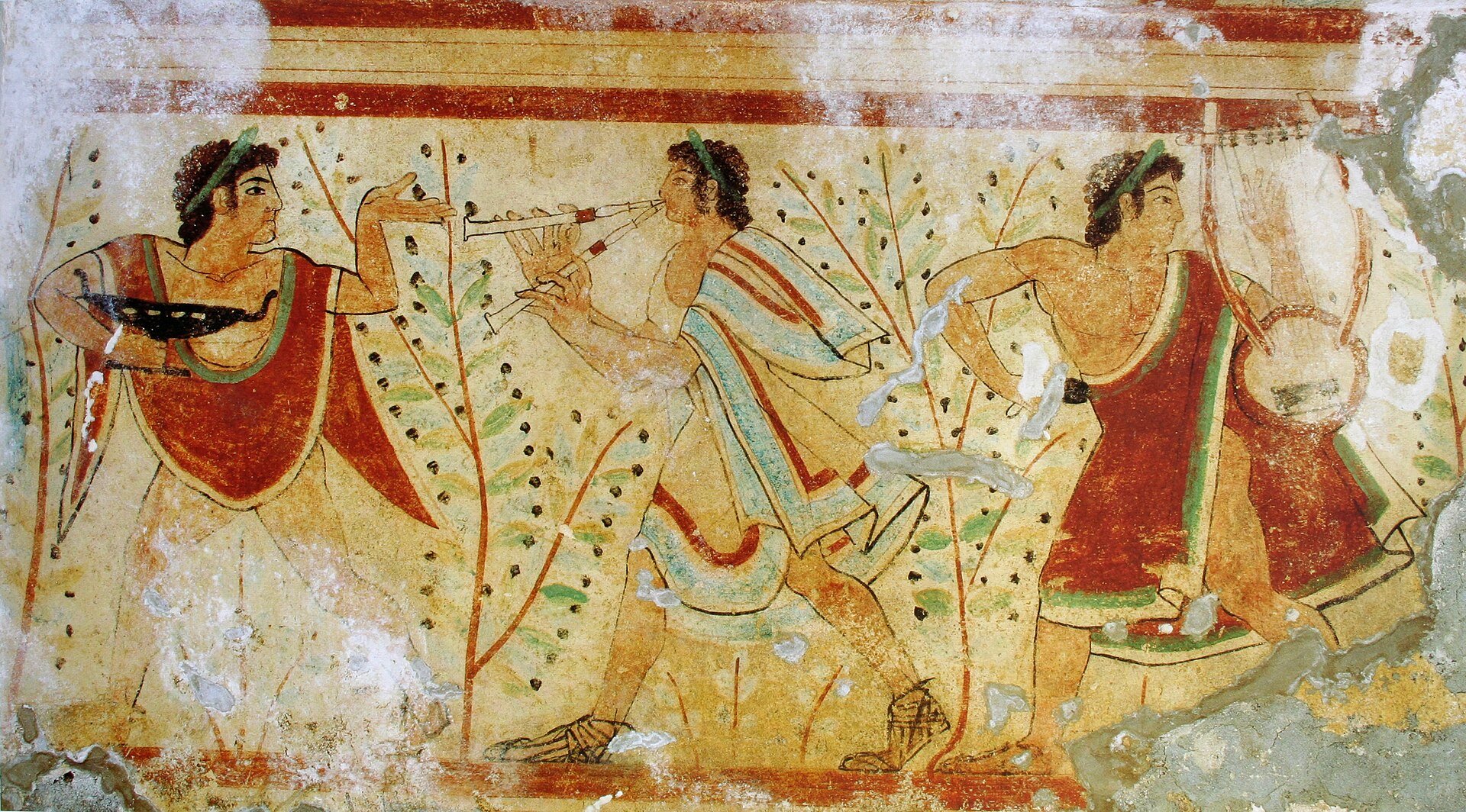 Etruscan fresco of dancers and musicians in the Tomb of the Leopards, Monterozzi necropolis, Tarquinia