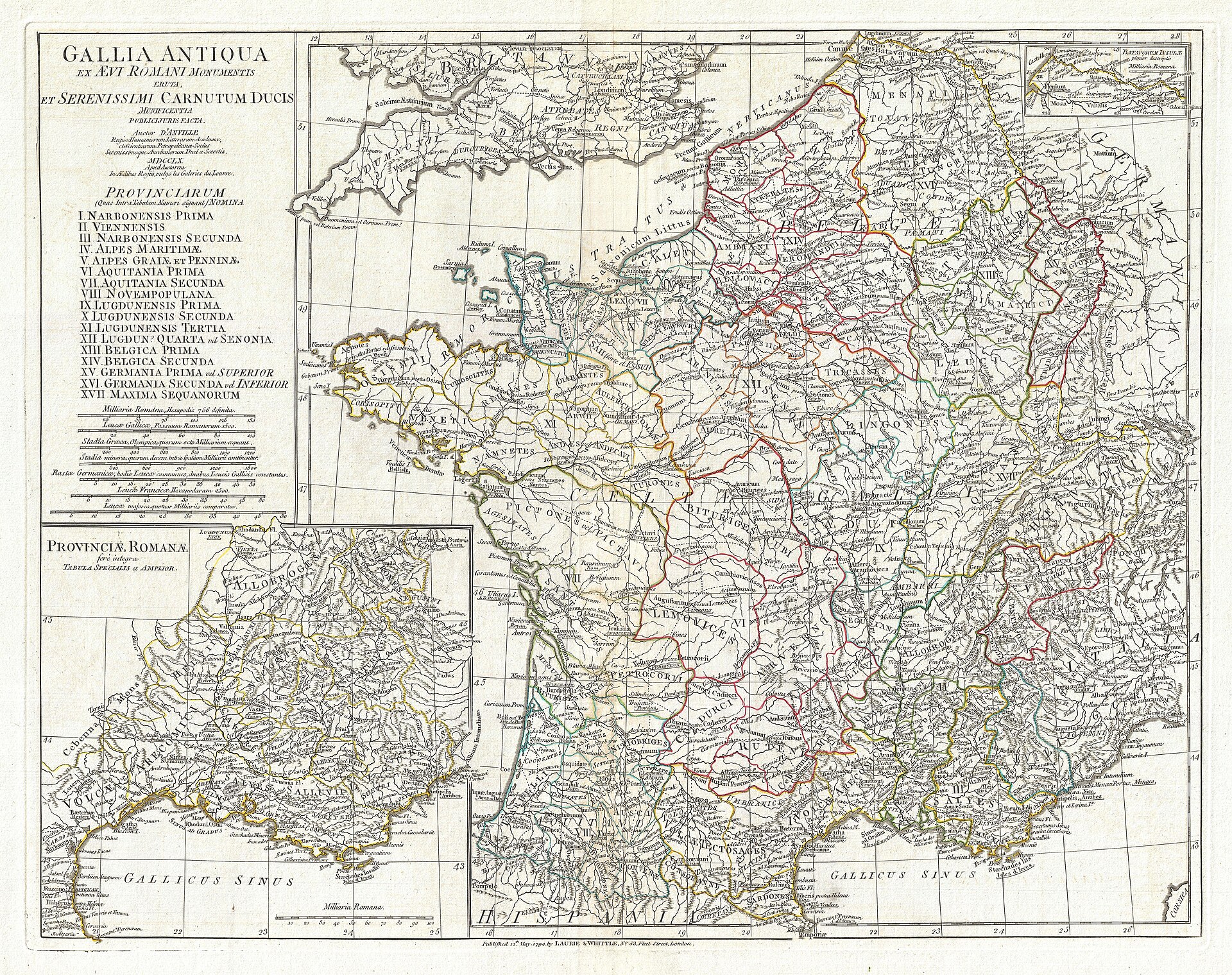 Jean-Baptiste d'Anville's 1794 map of ancient Gaul (Gallia) in Roman times