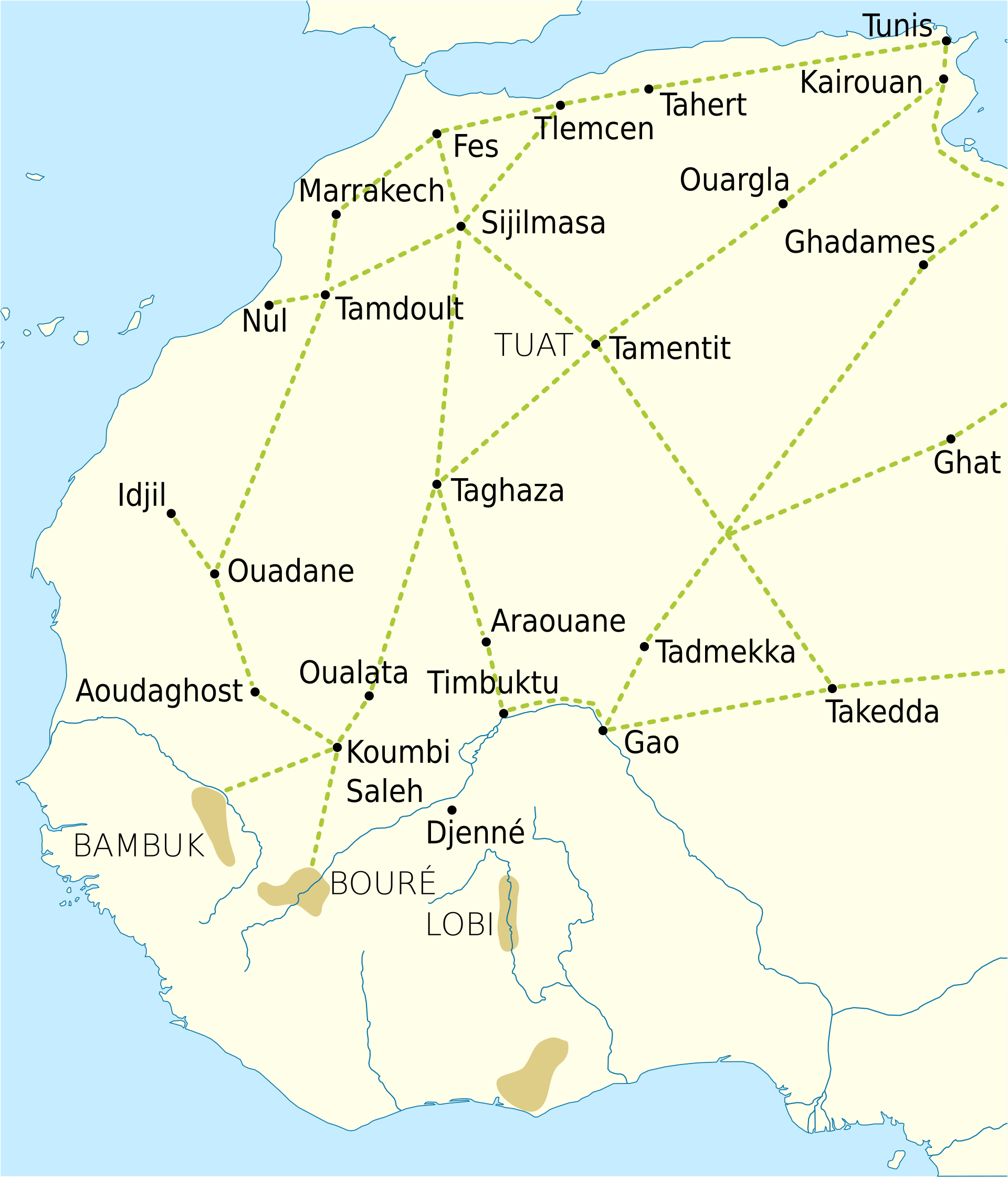Map of western Saharan trade routes c. 1000–1500, marking goldfields and the caravan cities that linked the Ghana Empire to the Mediterranean