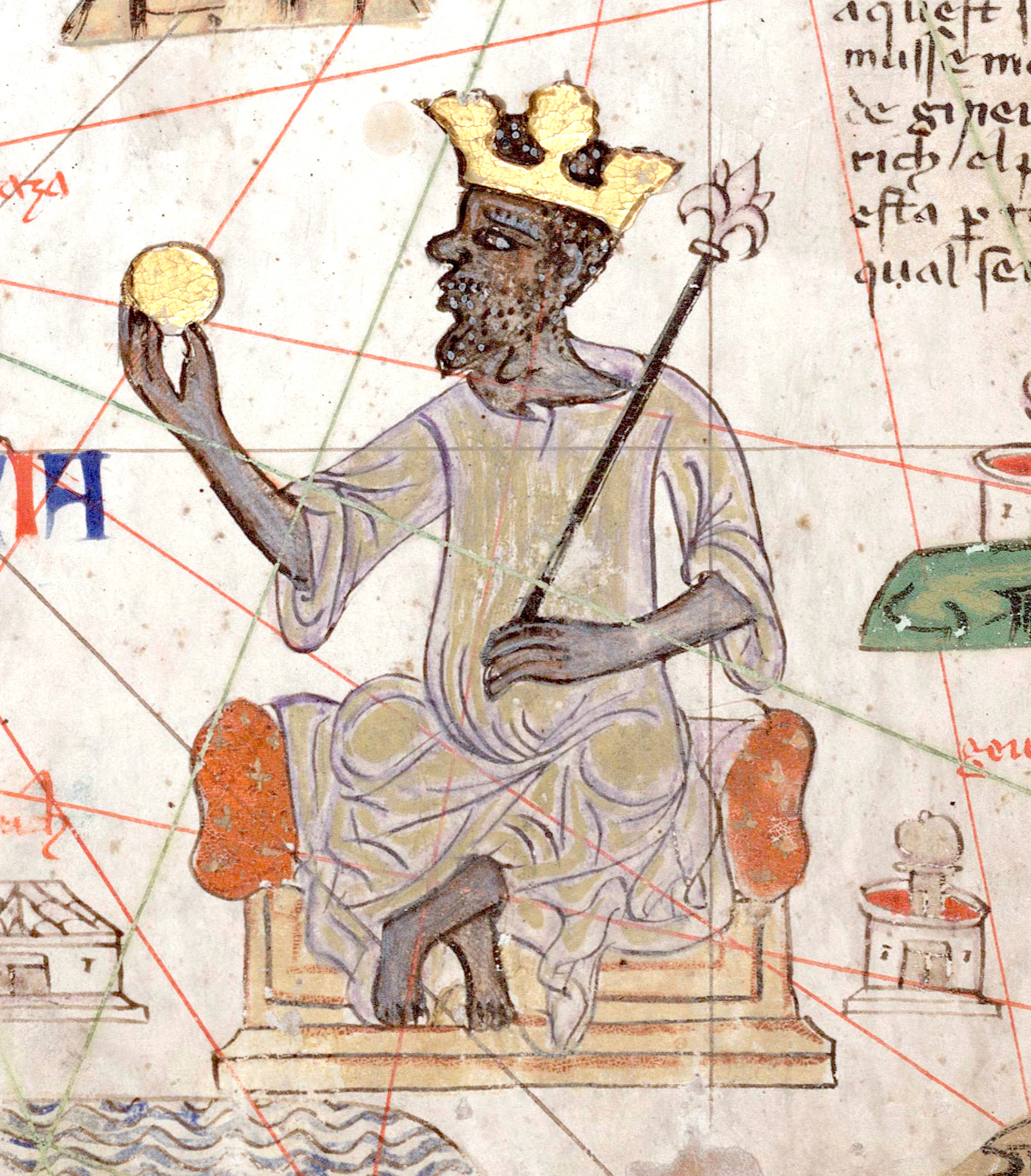 Detail from the 1375 Catalan Atlas: a crowned West African king of the western Sudan seated on a throne, holding a large gold nugget toward an approaching Saharan trader on a camel (depicting Mansa Musa of Mali, Ghana's successor empire)