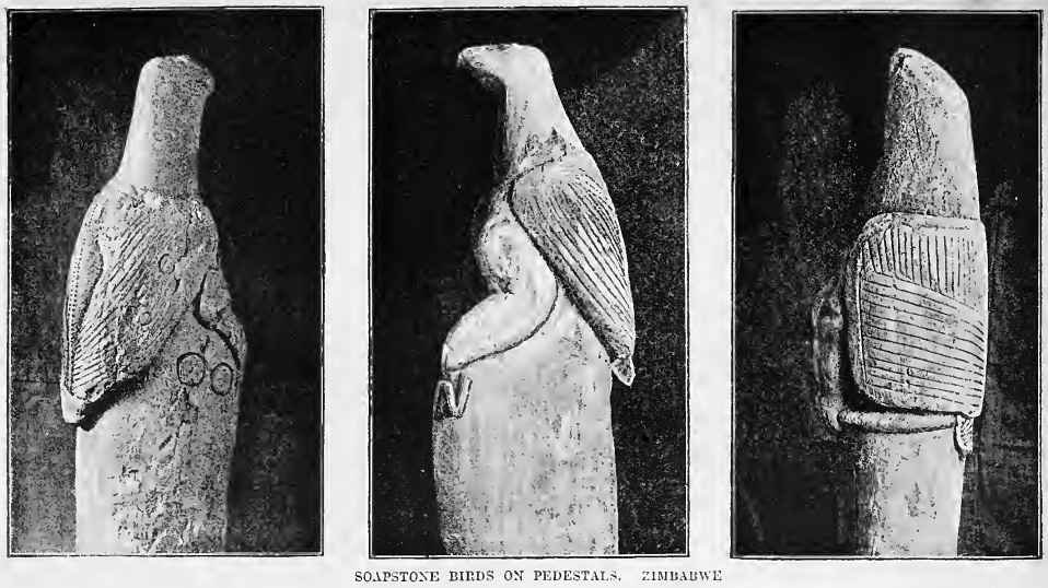Soapstone Zimbabwe Bird carvings mounted on stone pedestals, recovered from the ruins of Great Zimbabwe