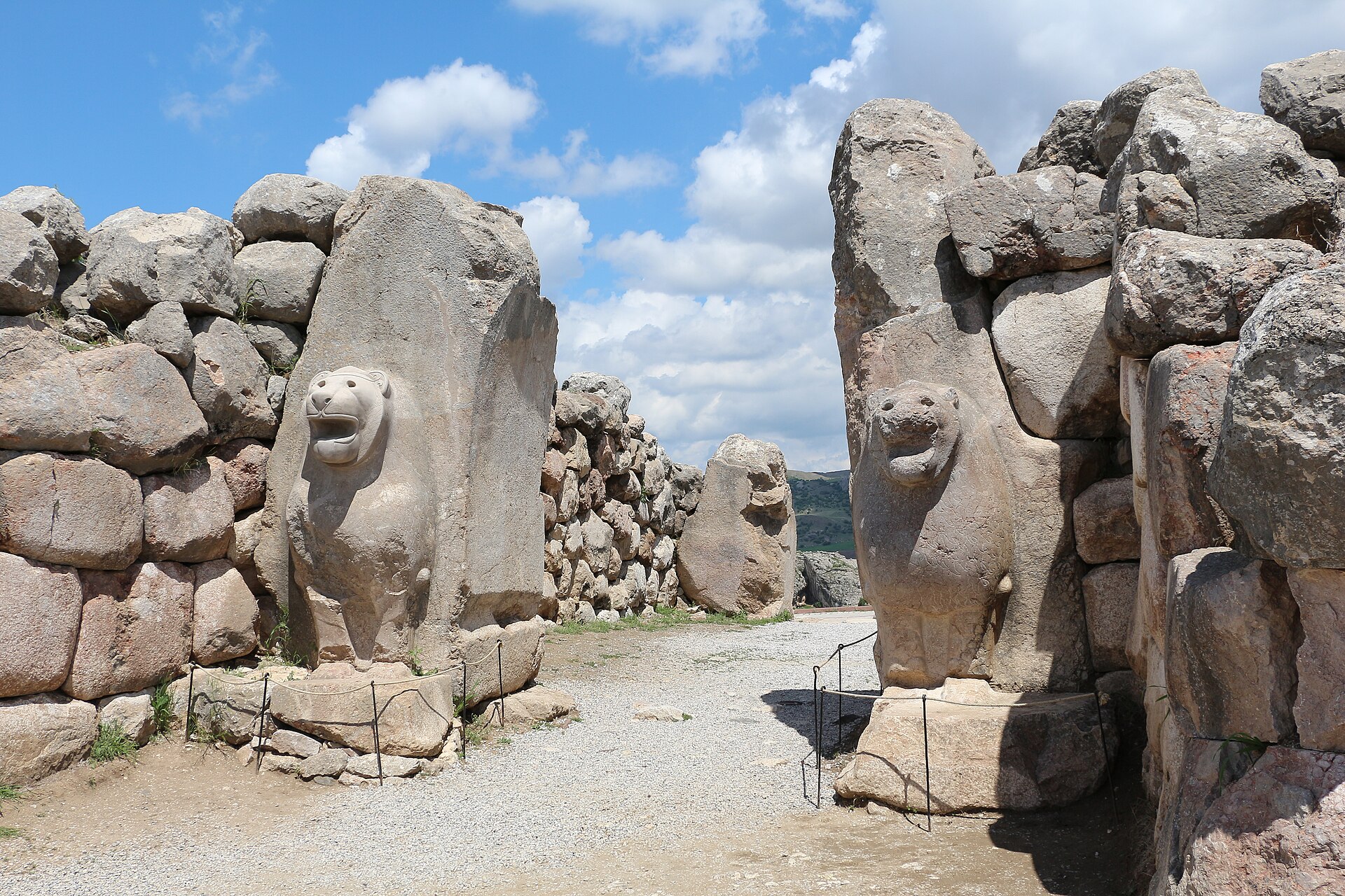 The Lion Gate at Hattusa, the Hittite capital near modern Bogazkale, Turkey, with carved lions flanking the entrance, c. 1400-1200 BCE.