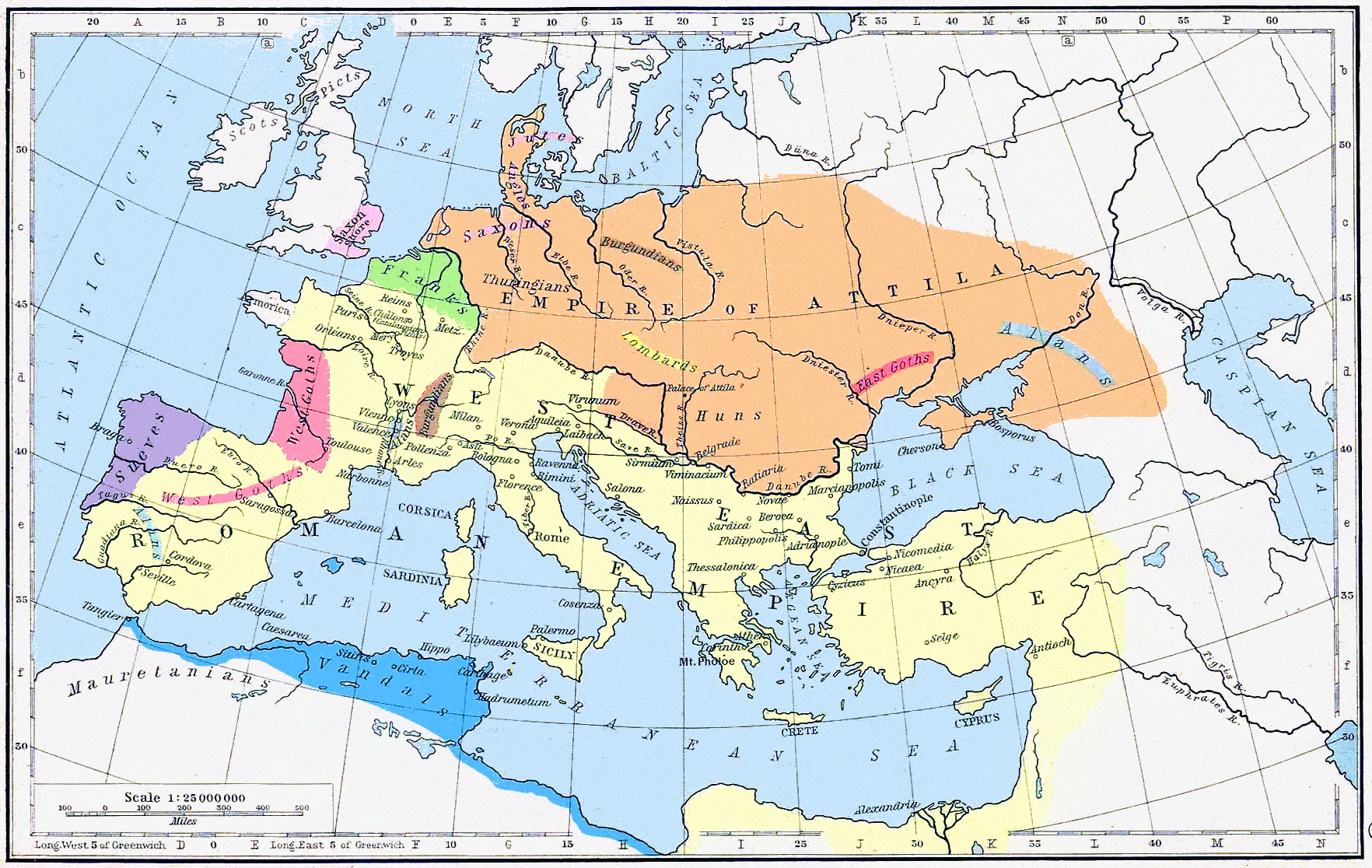 Map of the Roman and Hunnic empires around 450 CE, at the height of Attila's power