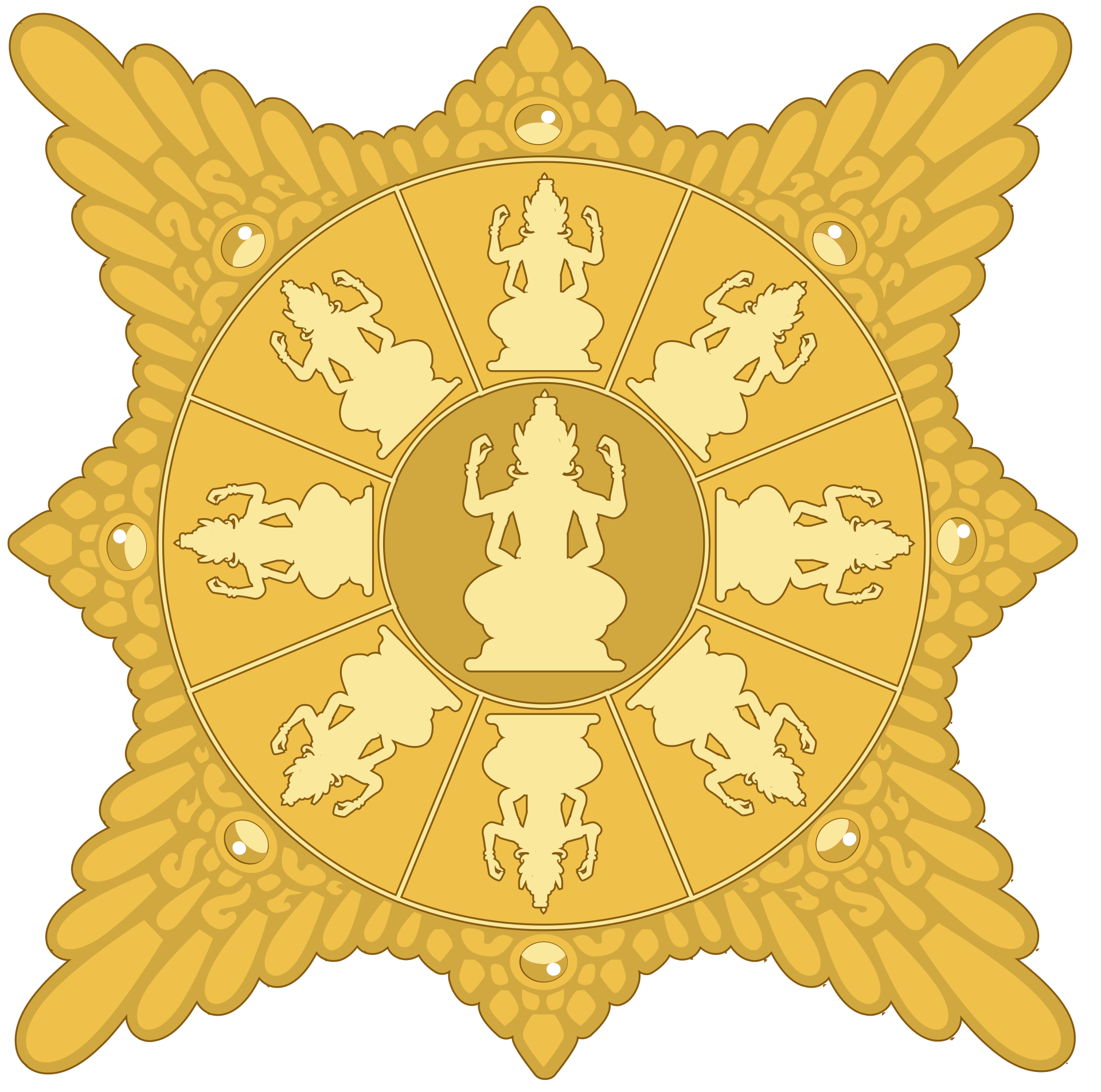 The Surya Majapahit, the golden eight-rayed solar emblem of the Majapahit empire, with Hindu deities at eight cardinal points