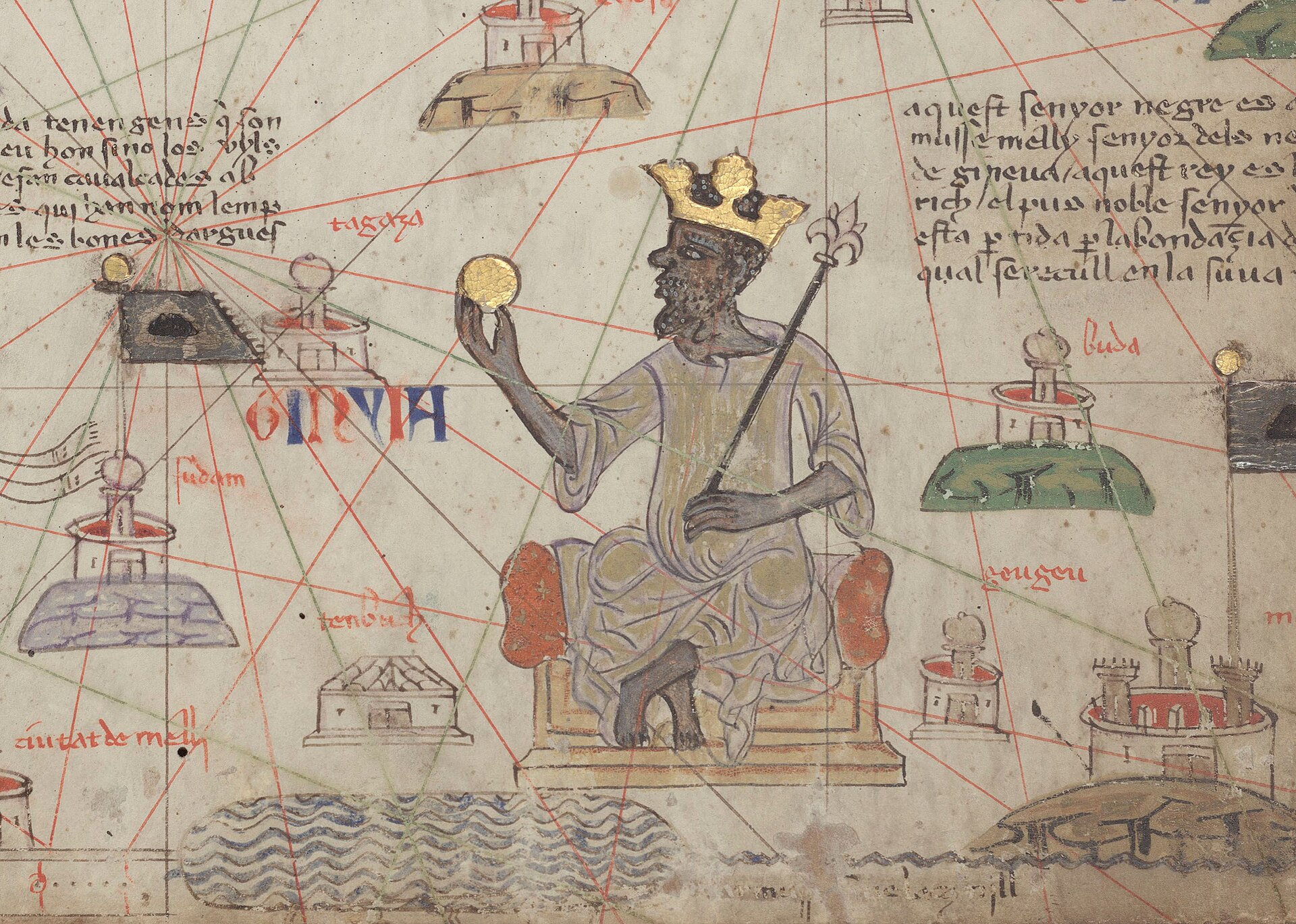 Detail of the Catalan Atlas (1375) showing Mansa Musa of Mali enthroned holding a gold nugget, Bibliotheque nationale de France.
