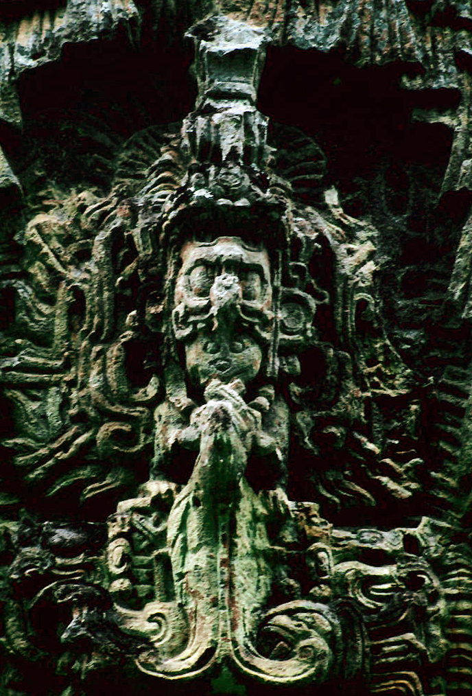 Carved stela relief at the Copán Maya archaeological site, Honduras