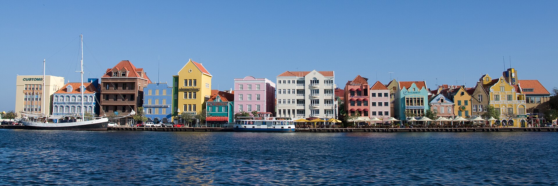 Pastel-coloured colonial facades of the Punda district waterfront in Willemstad, Curaçao