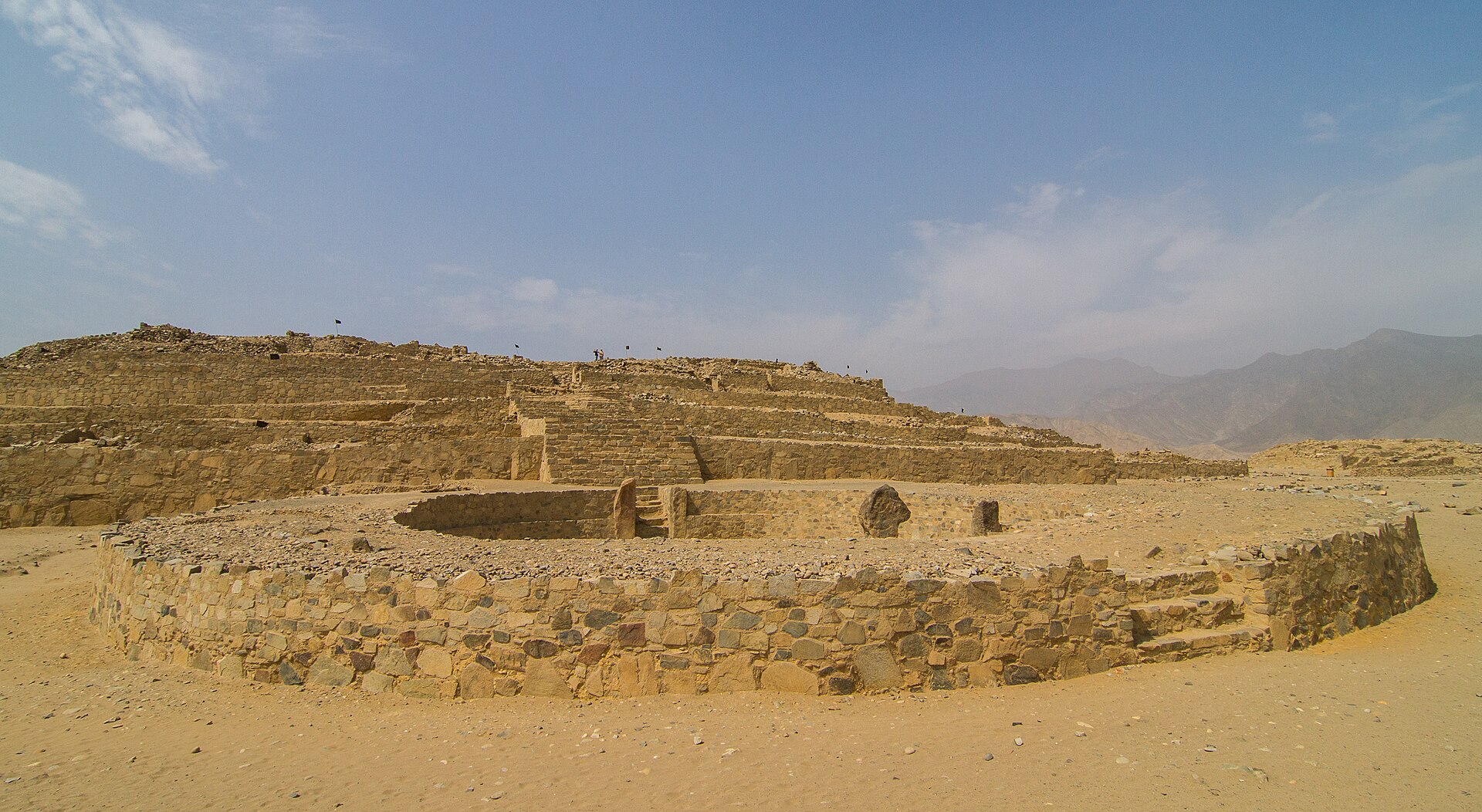 The Pirámide Mayor and its sunken circular plaza at Caral, Peru, the largest monumental structure of the Norte Chico civilization