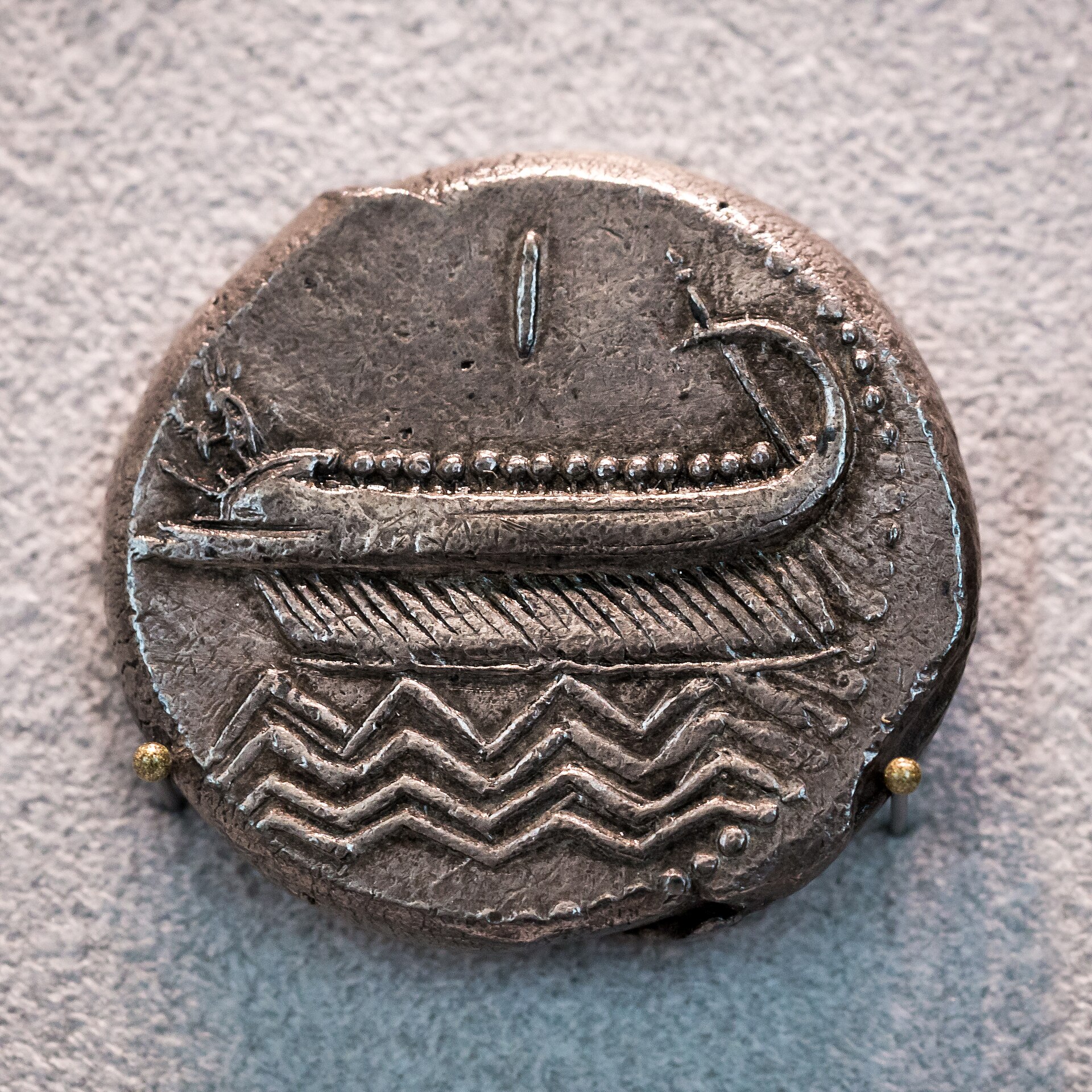 Phoenician silver double shekel of Sidon, 342-341 BCE, showing a war galley