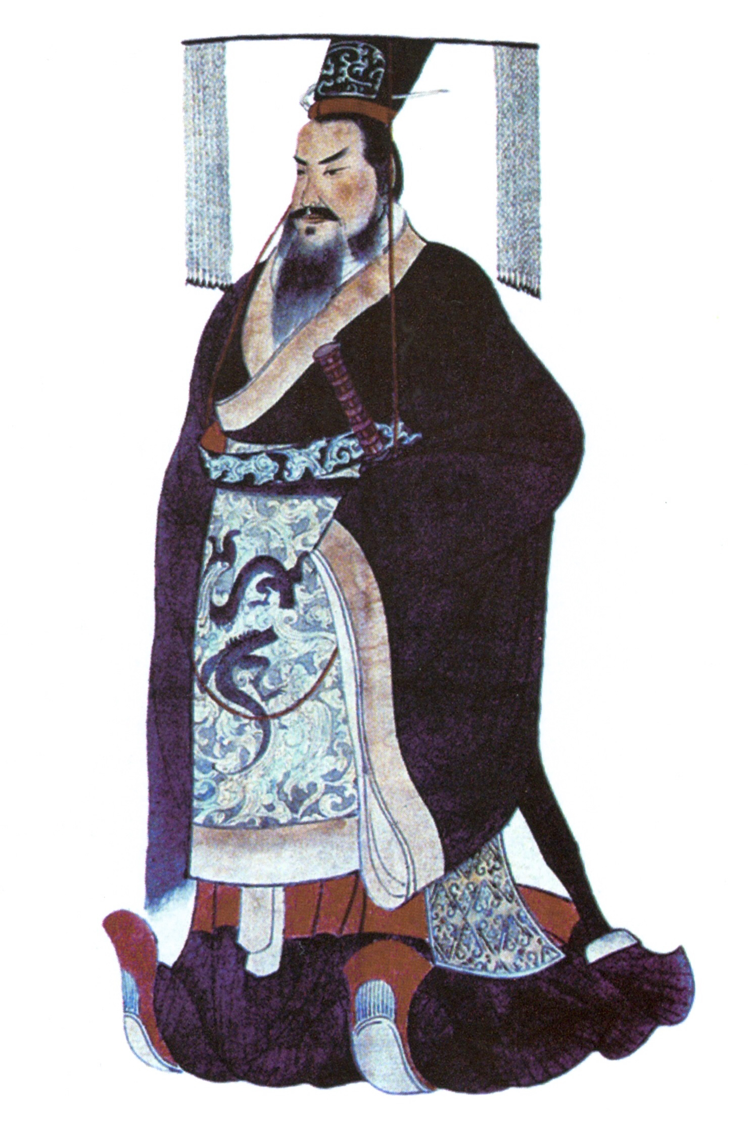 A 19th-century painted portrait of Qin Shi Huang, first emperor of China, in imperial robes