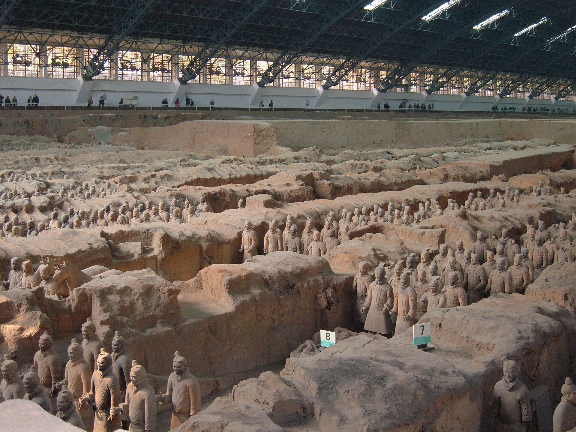 Rows of terracotta warriors standing in formation in Pit 1 of the Mausoleum of the First Qin Emperor near Xi'an, China