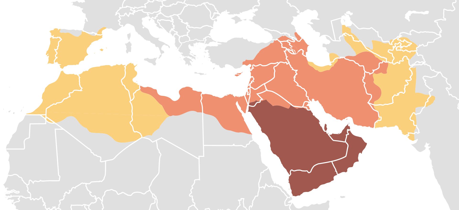 Map of the early Islamic expansion, showing the territory conquered under the Rashidun Caliphate between 632 and 661 — from Egypt and the Levant across Persia to eastern Iran