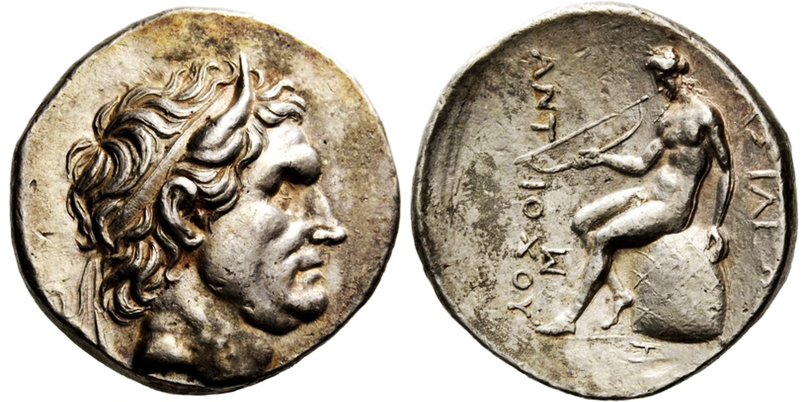 Silver tetradrachm bearing a diademed portrait of Seleucus I Nicator, founder of the Seleucid Empire, with a bull's horn.