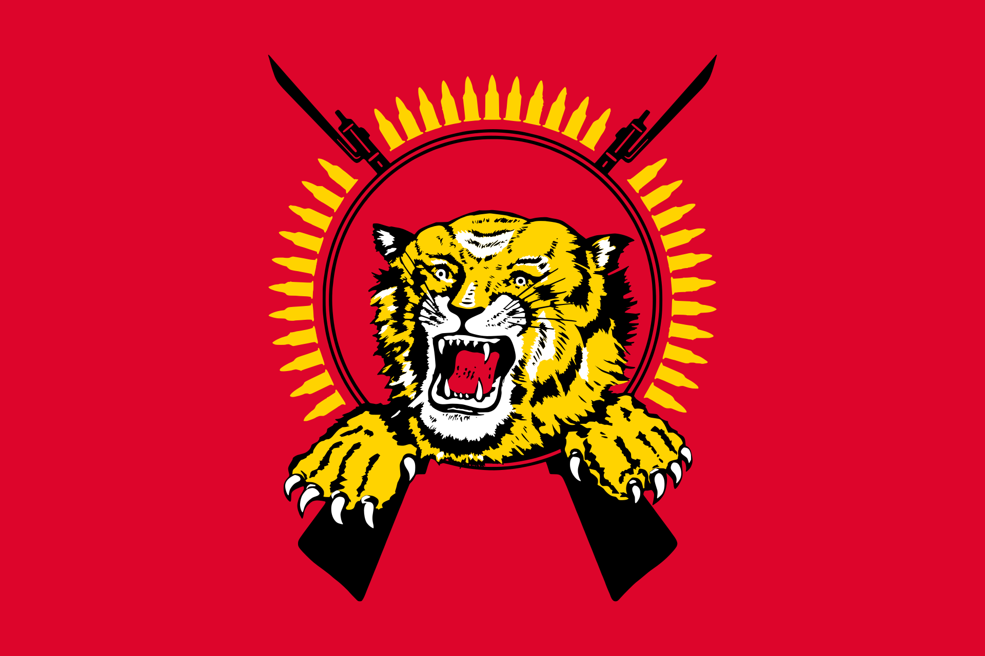 Flag of Tamil Eelam — a leaping tiger encircled by rifles on a red field, the emblem of the LTTE's de facto state