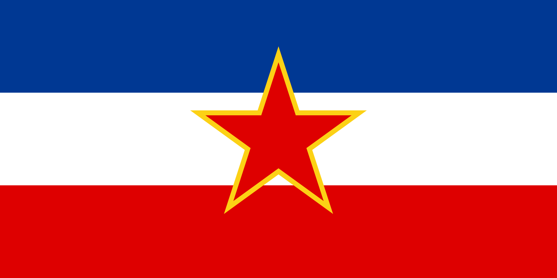 Flag of the Socialist Federal Republic of Yugoslavia (1946-1992): a blue-white-red tricolour with a gold-edged red star.